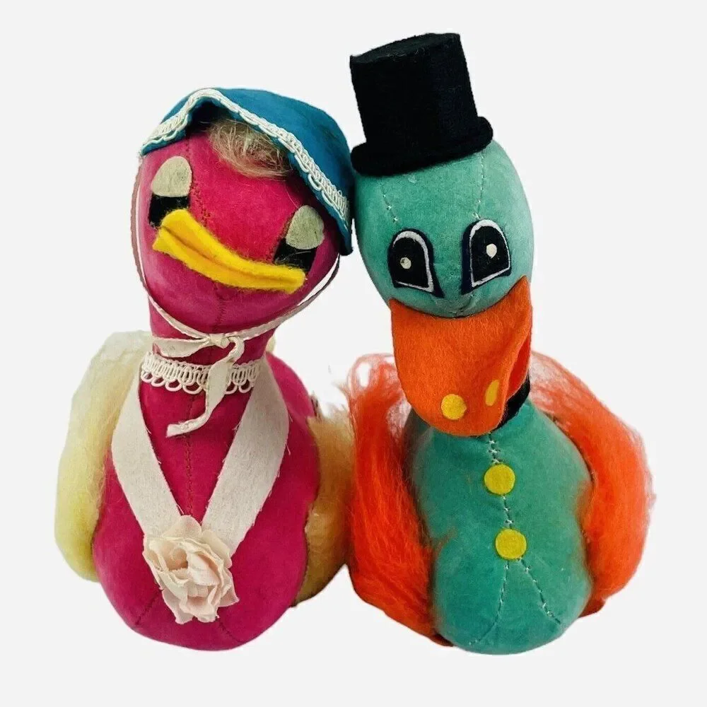 RARE Vintage 1960s Japan Girl & Boy Duck Plush Pair Stuffed Animals Felt HTF